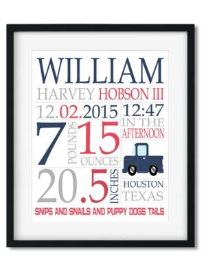 Baby-Stats-Style-A-Boy-Truck-Hobson-Baby-frame_b04d7859-c3ac-4123-bb5a-20bd159fa0a0 Truck - Baby Boy Stats - Art Print - Netties Expressions Prints