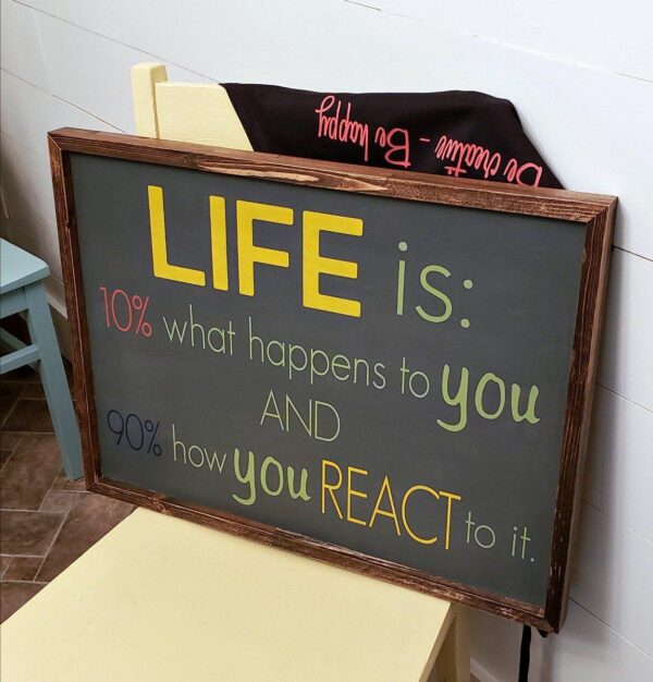 Life_is_16x22_framed_57564975-ec5a-428c-aae4-36e5d99c08c4 Life is 10% what happens - Rustic Wood Sign - Netties Expressions